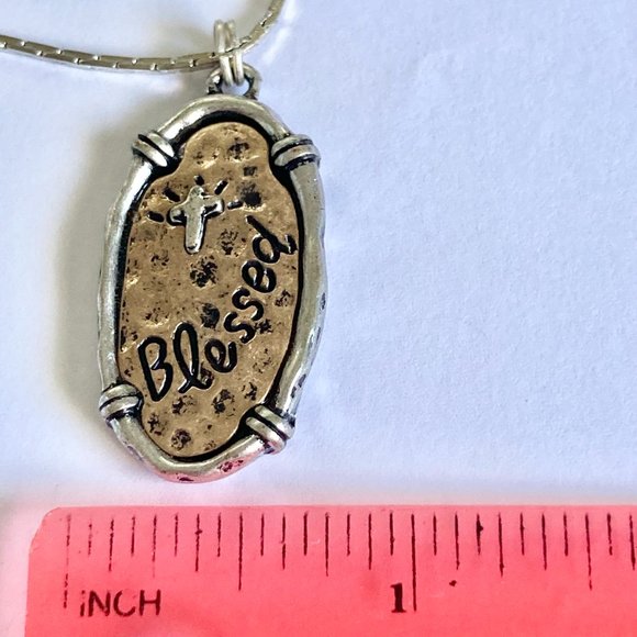 Cross BLESSED Pendant Necklace Copper Silver Plated 18" Christian Message - Picture 8 of 8